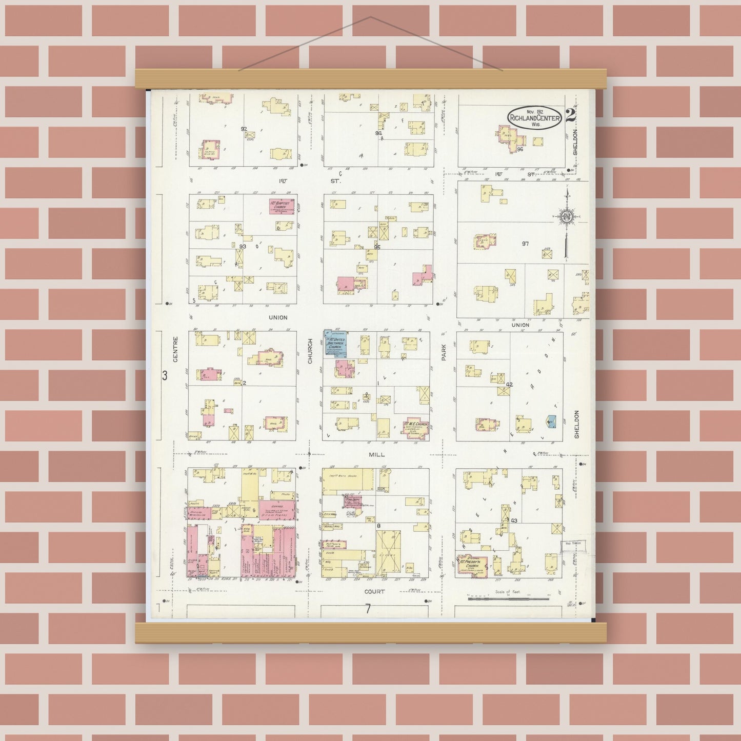 Old map wall art mockup — magnetic wood frame on brick wall — Sanborn Fire Insurance Map from Richland Center, Richland County, Wisconsin (1912), Sheet #0002