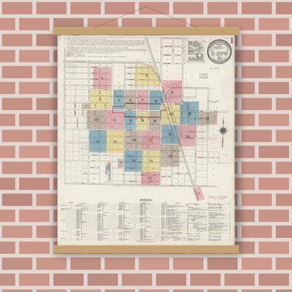 Old map wall art mockup — magnetic wood frame on brick wall — Sanborn Fire Insurance Map from El Centro, Imperial County, California (1922), Sheet #0001