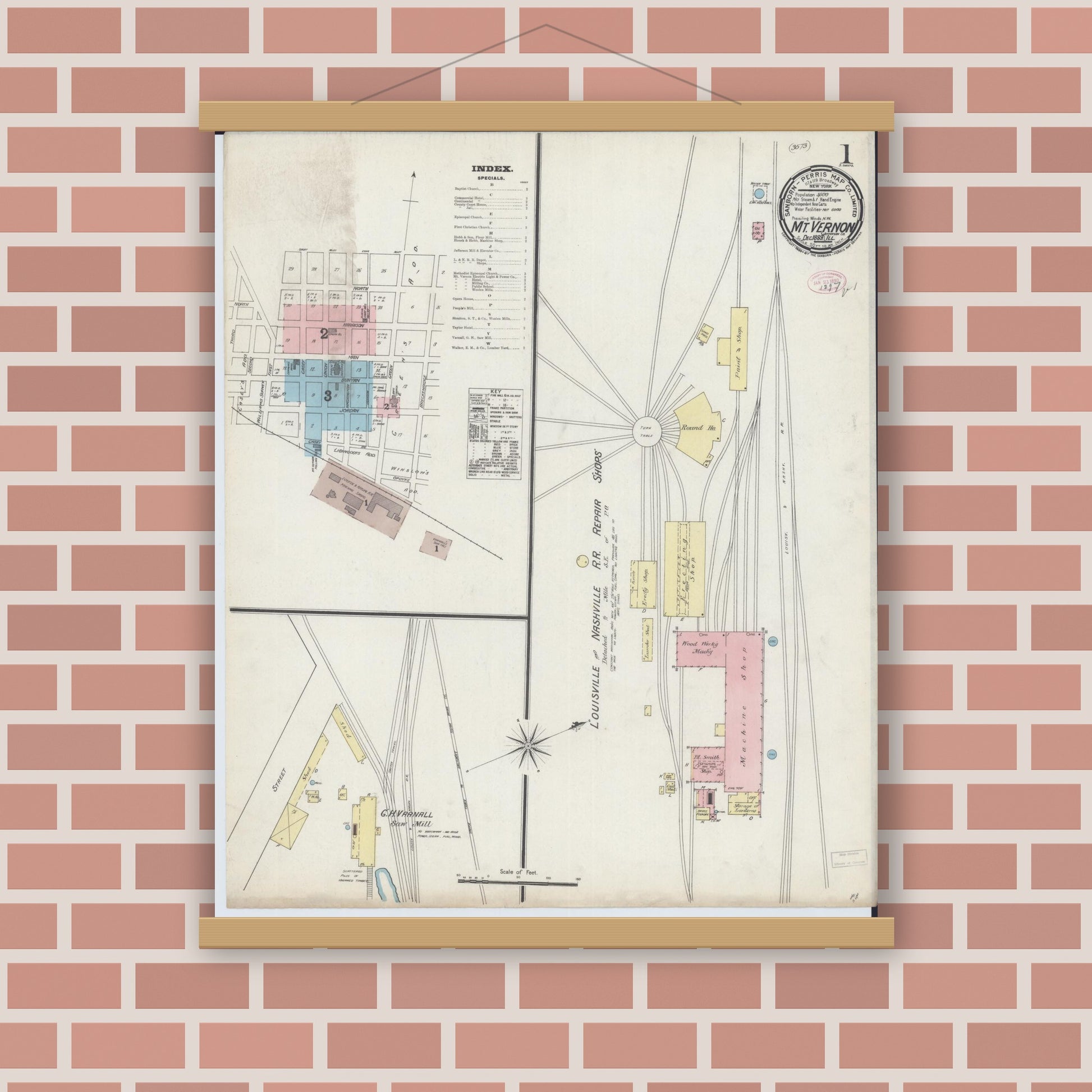 Old map wall art mockup — magnetic wood frame on brick wall — Sanborn Fire Insurance Map from Mount Vernon, Jefferson County, Illinois (1889) - Complete Map Set