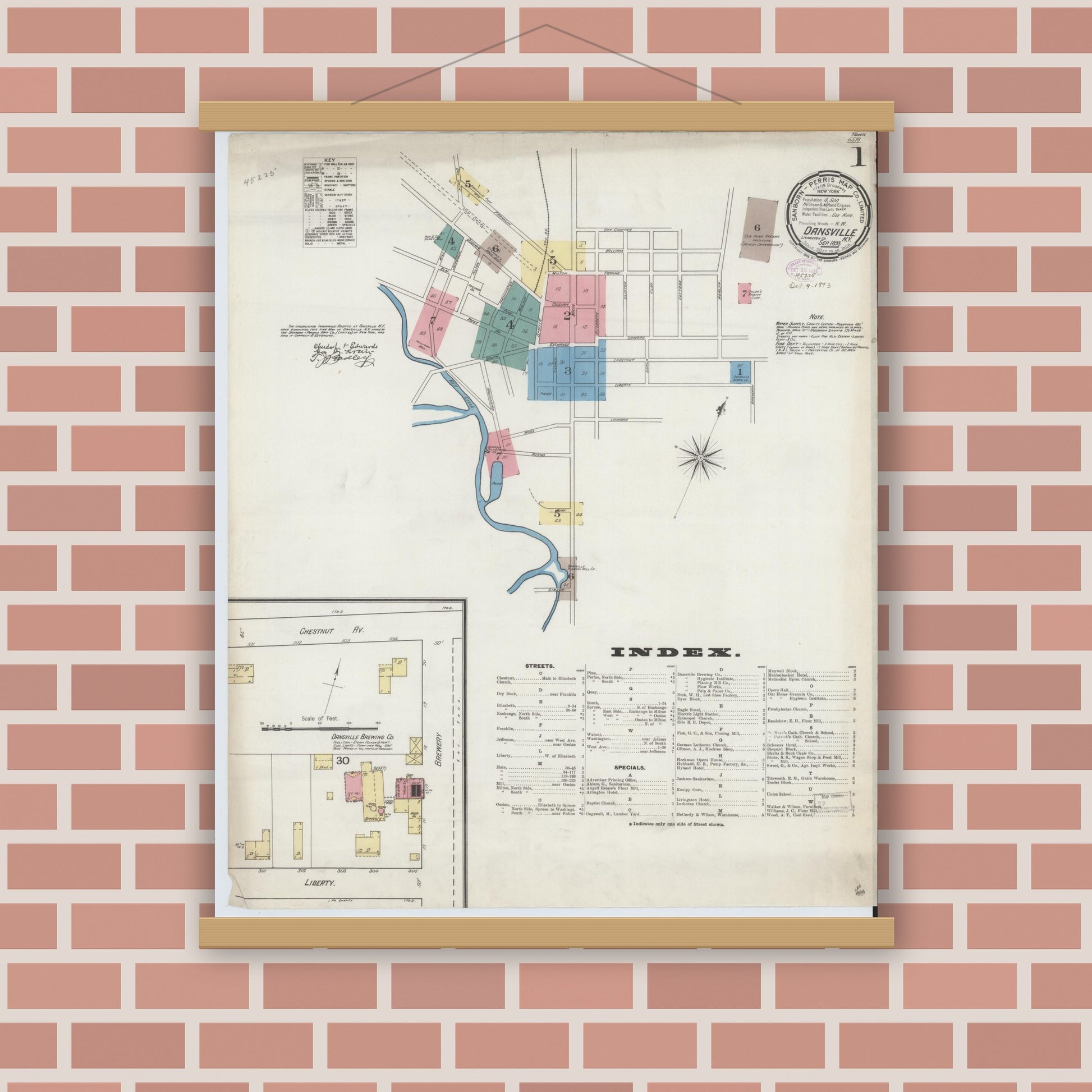 Old map wall art mockup — magnetic wood frame on brick wall — Sanborn Fire Insurance Map from Dansville, Livingston County, New York (1893) - Complete Map Set