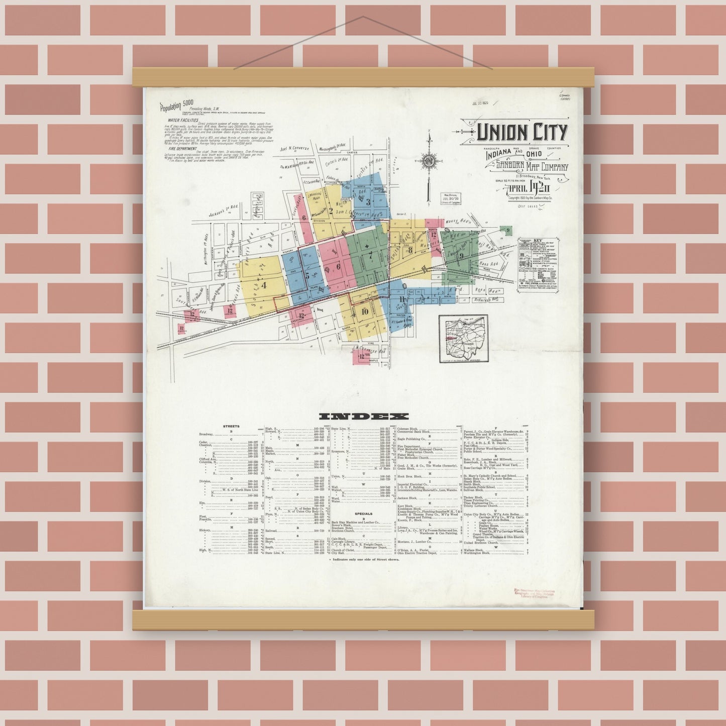 Old map wall art mockup — magnetic wood frame on brick wall — Sanborn Fire Insurance Map from Union City, Randolph County, Indiana (1920) - Complete Map Set