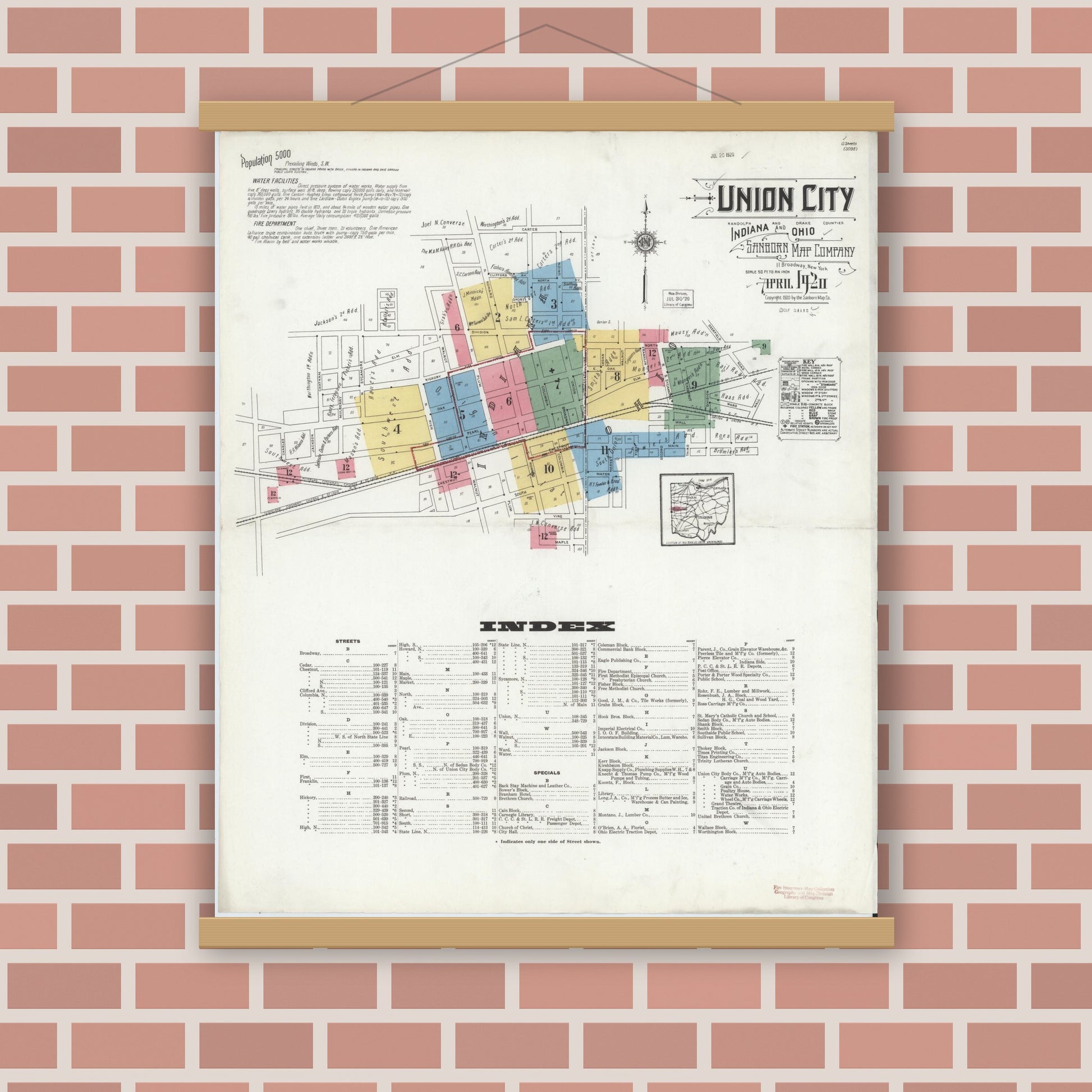 Old map wall art mockup — magnetic wood frame on brick wall — Sanborn Fire Insurance Map from Union City, Randolph County, Indiana (1920) - Complete Map Set