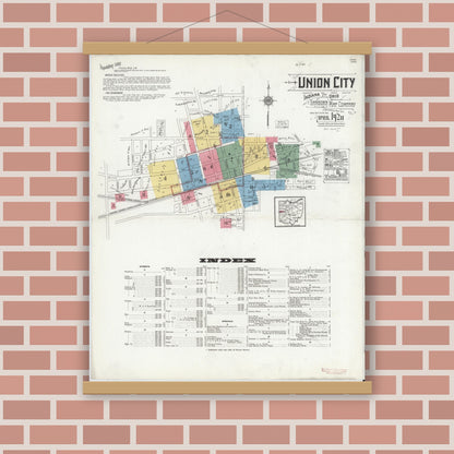 Old map wall art mockup — magnetic wood frame on brick wall — Sanborn Fire Insurance Map from Union City, Randolph County, Indiana (1920) - Complete Map Set