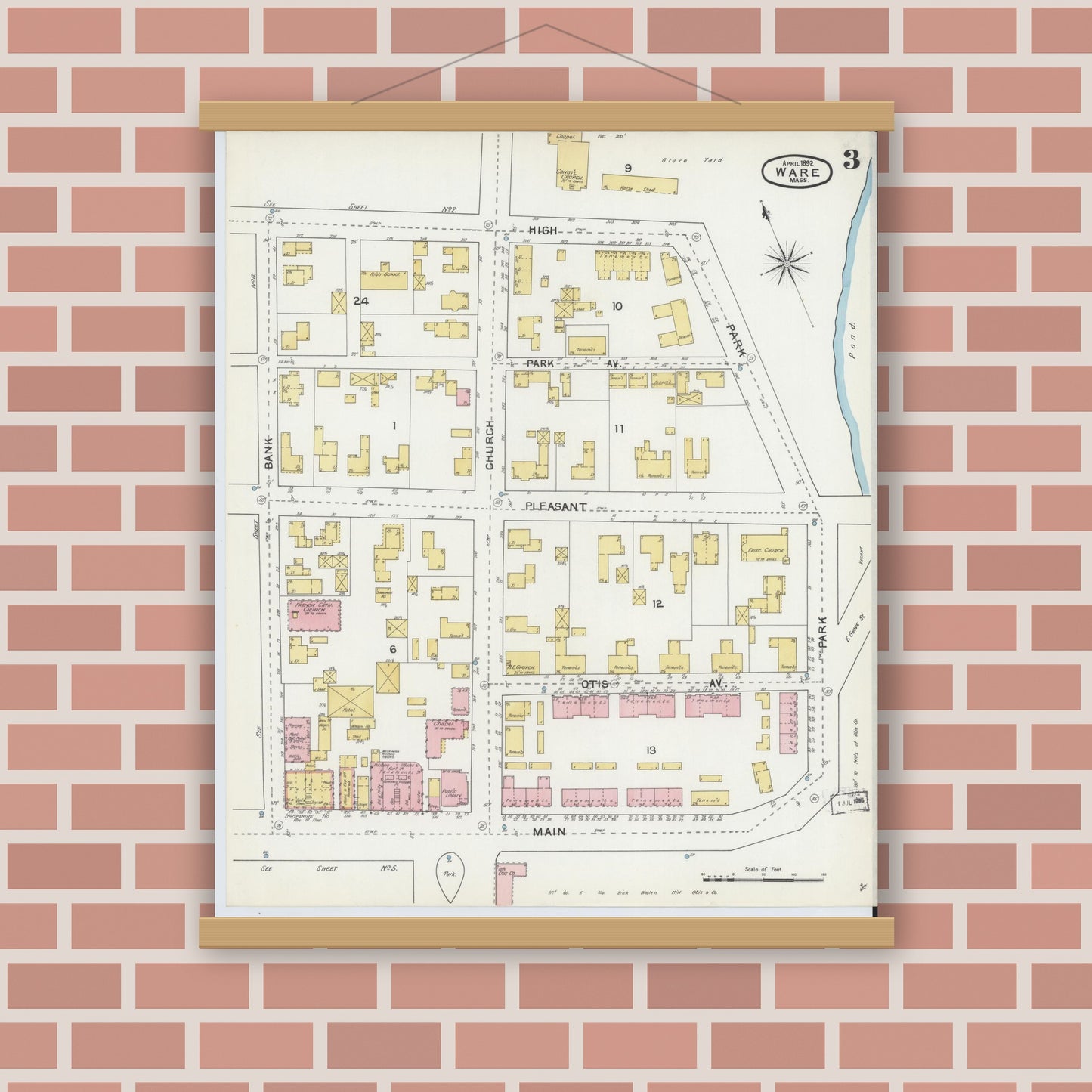 Old map wall art mockup — magnetic wood frame on brick wall — Sanborn Fire Insurance Map from Ware, Hampshire County, Massachusetts (1892), Sheet #0003