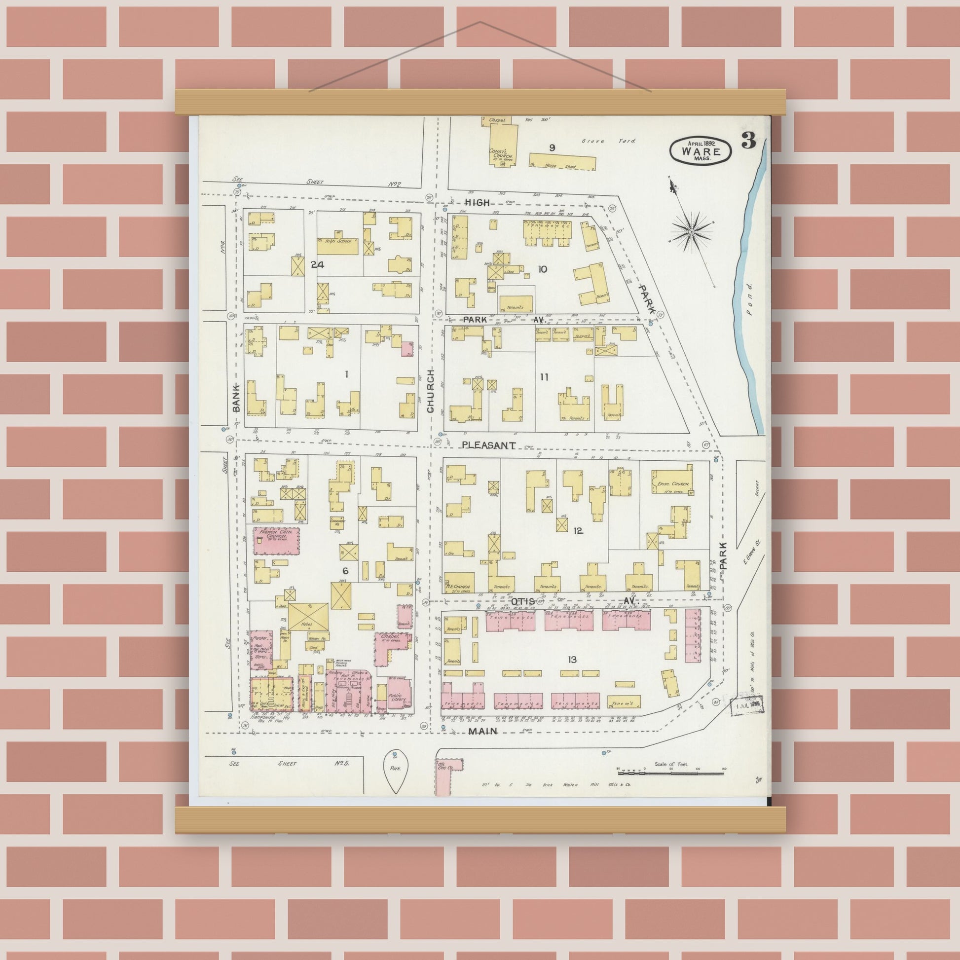 Old map wall art mockup — magnetic wood frame on brick wall — Sanborn Fire Insurance Map from Ware, Hampshire County, Massachusetts (1892), Sheet #0003