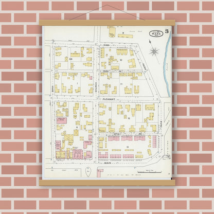 Old map wall art mockup — magnetic wood frame on brick wall — Sanborn Fire Insurance Map from Ware, Hampshire County, Massachusetts (1892), Sheet #0003