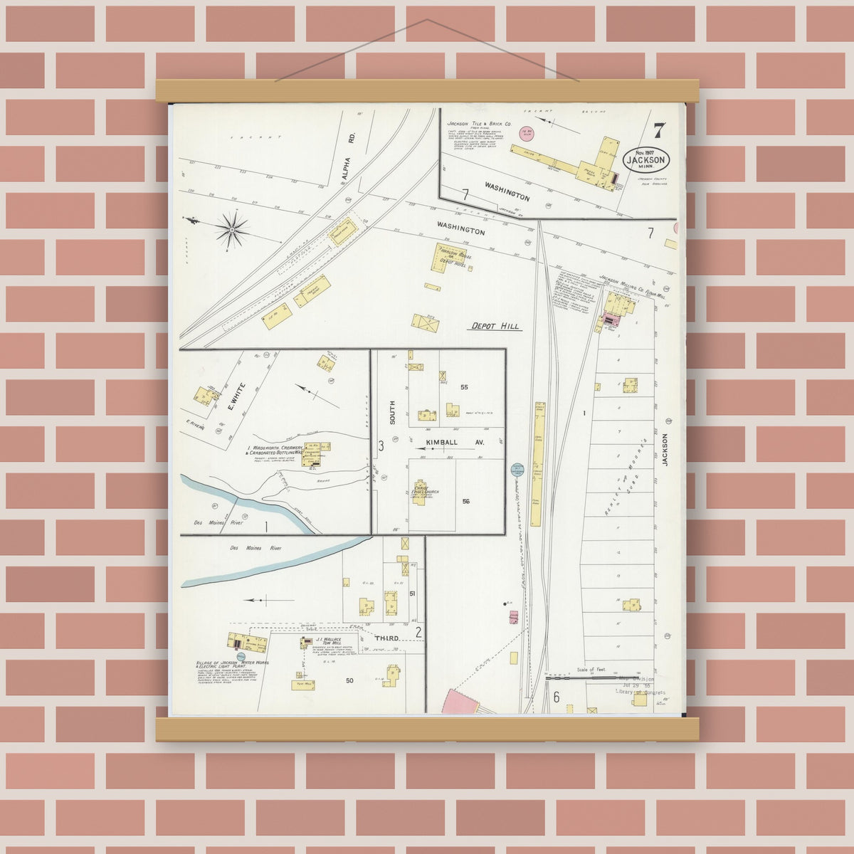 Old map wall art mockup — magnetic wood frame on brick wall — Sanborn Fire Insurance Map from Jackson, Jackson County, Minnesota (1907), Sheet #0007