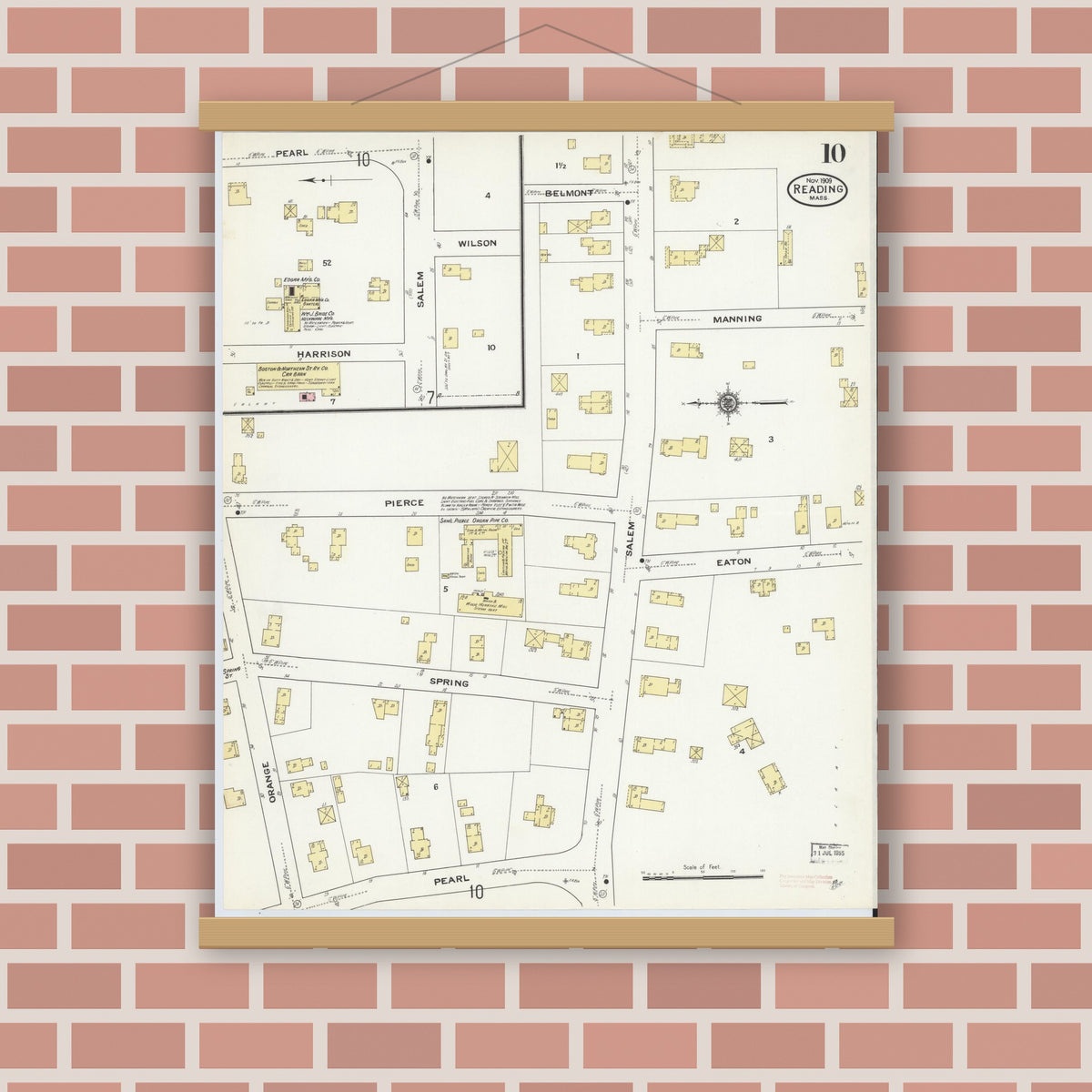 Old map wall art mockup — magnetic wood frame on brick wall — Sanborn Fire Insurance Map from Reading, Middlesex County, Massachusetts (1909), Sheet #0010