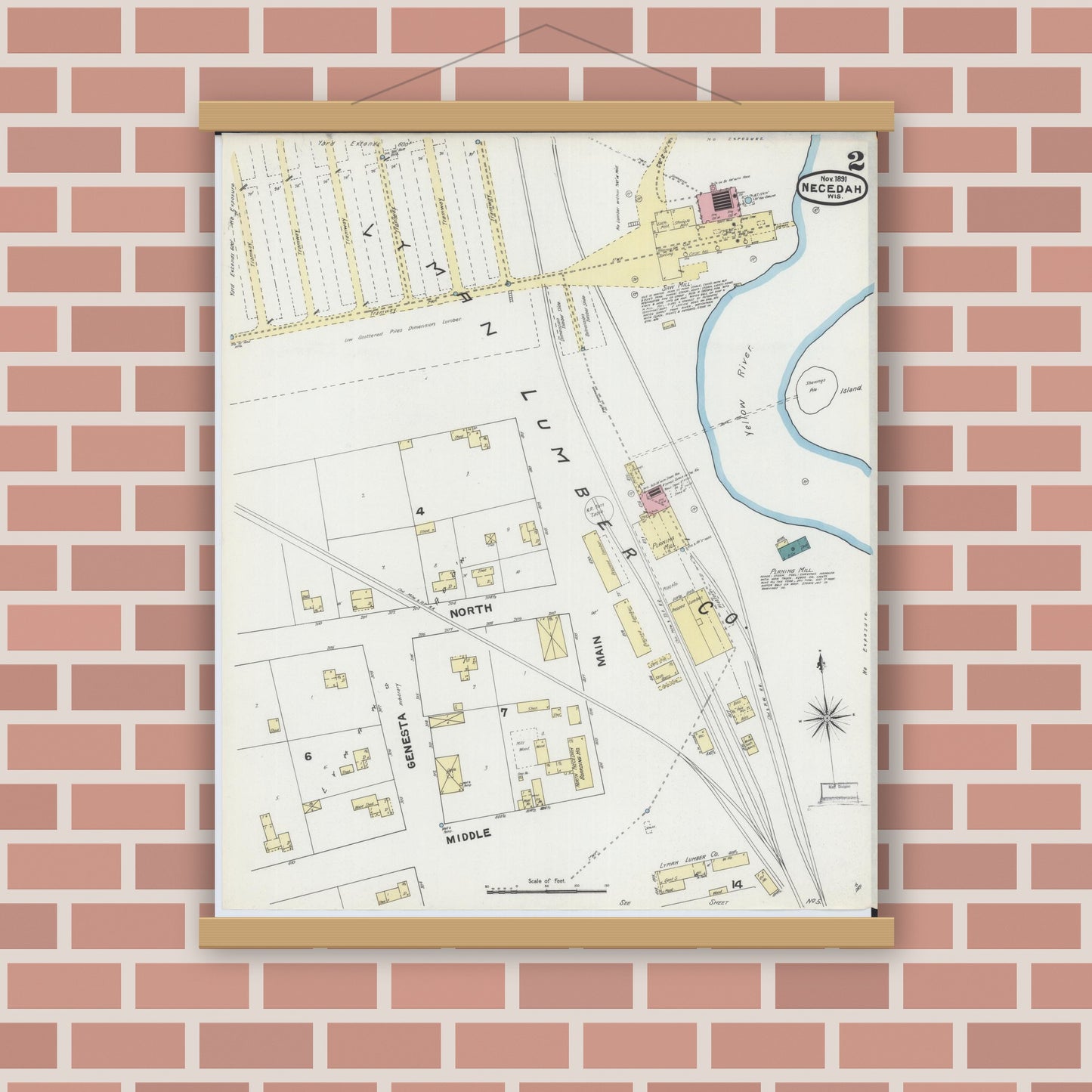 Old map wall art mockup — magnetic wood frame on brick wall — Sanborn Fire Insurance Map from Necedah, Juneau County, Wisconsin (1891), Sheet #0002