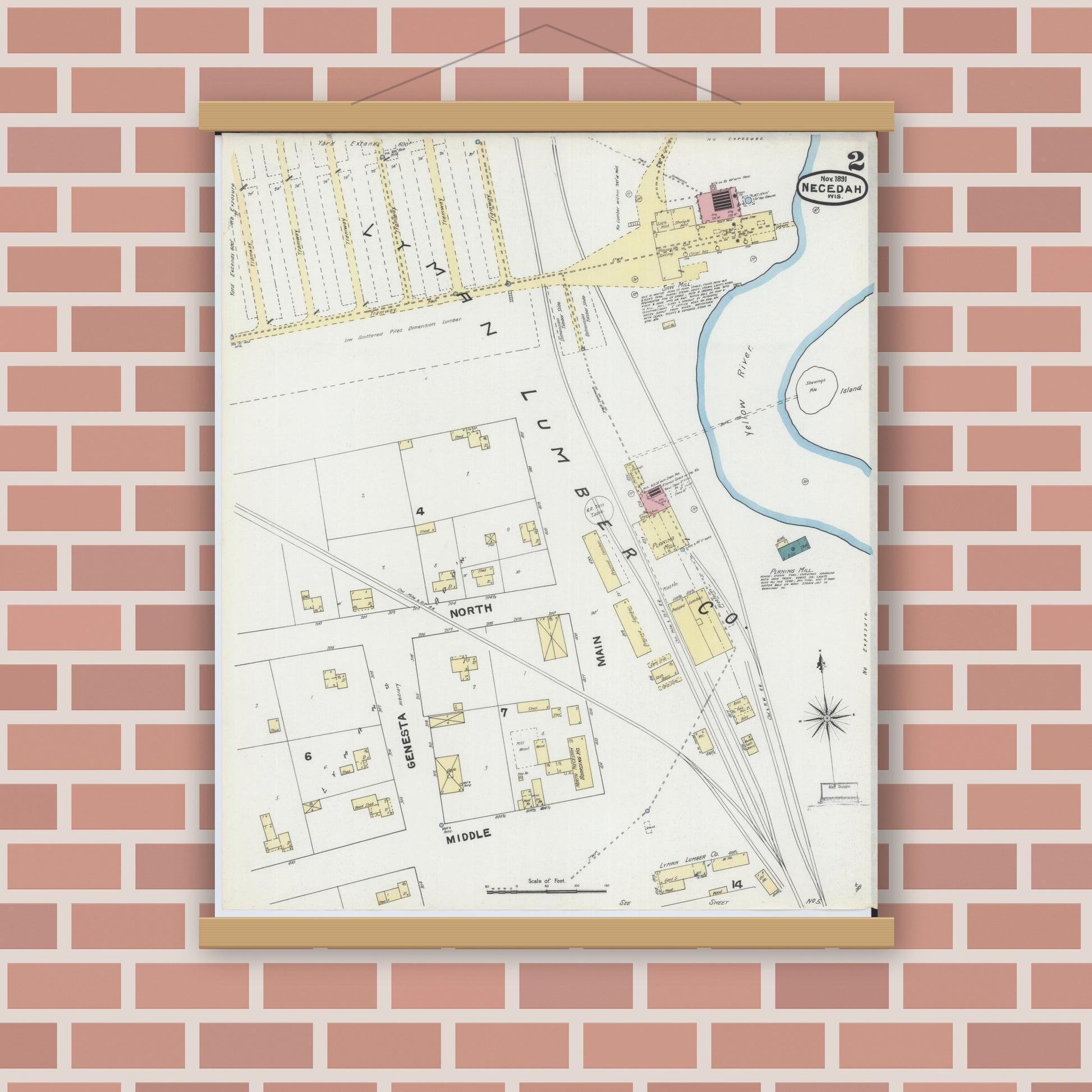 Old map wall art mockup — magnetic wood frame on brick wall — Sanborn Fire Insurance Map from Necedah, Juneau County, Wisconsin (1891), Sheet #0002