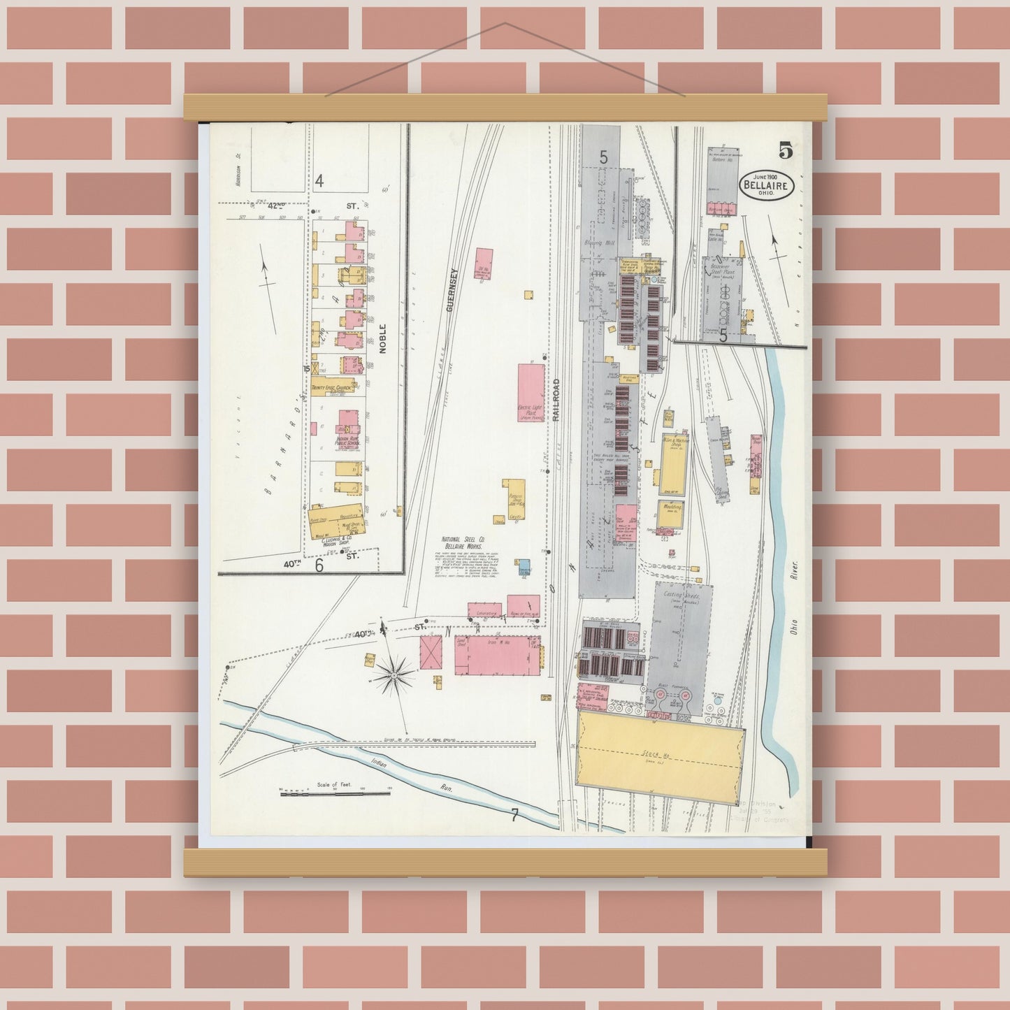 Old map wall art mockup — magnetic wood frame on brick wall — Sanborn Fire Insurance Map from Bellaire, Belmont County, Ohio (1900), Sheet #0005