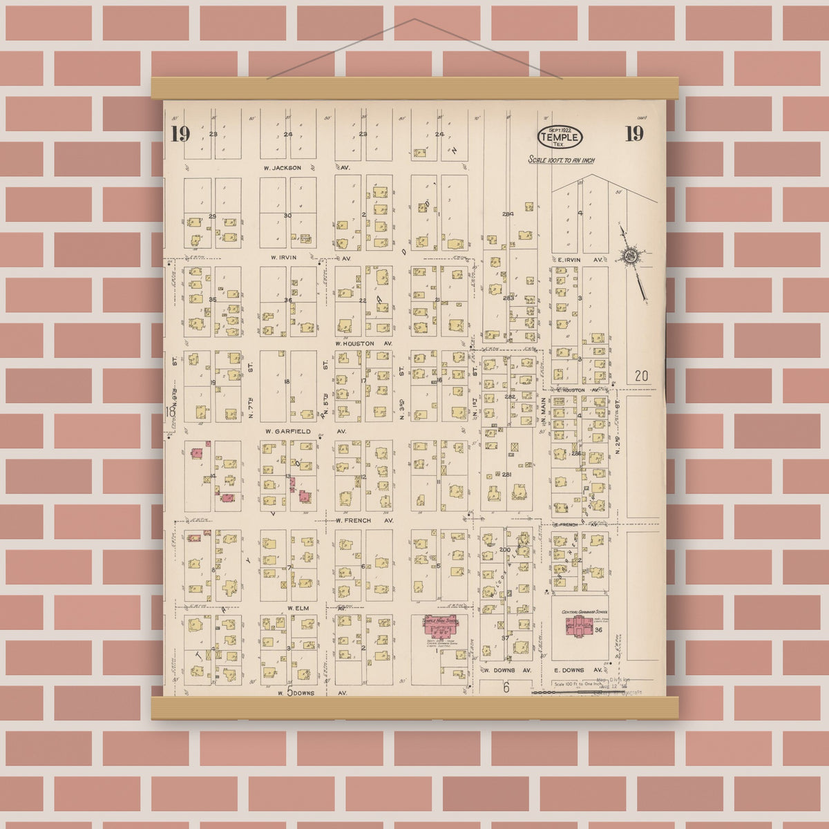 Old map wall art mockup — magnetic wood frame on brick wall — Sanborn Fire Insurance Map from Temple, Bell County, Texas (1922), Sheet #0019