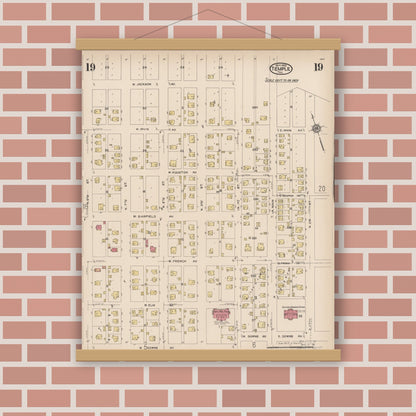 Old map wall art mockup — magnetic wood frame on brick wall — Sanborn Fire Insurance Map from Temple, Bell County, Texas (1922), Sheet #0019