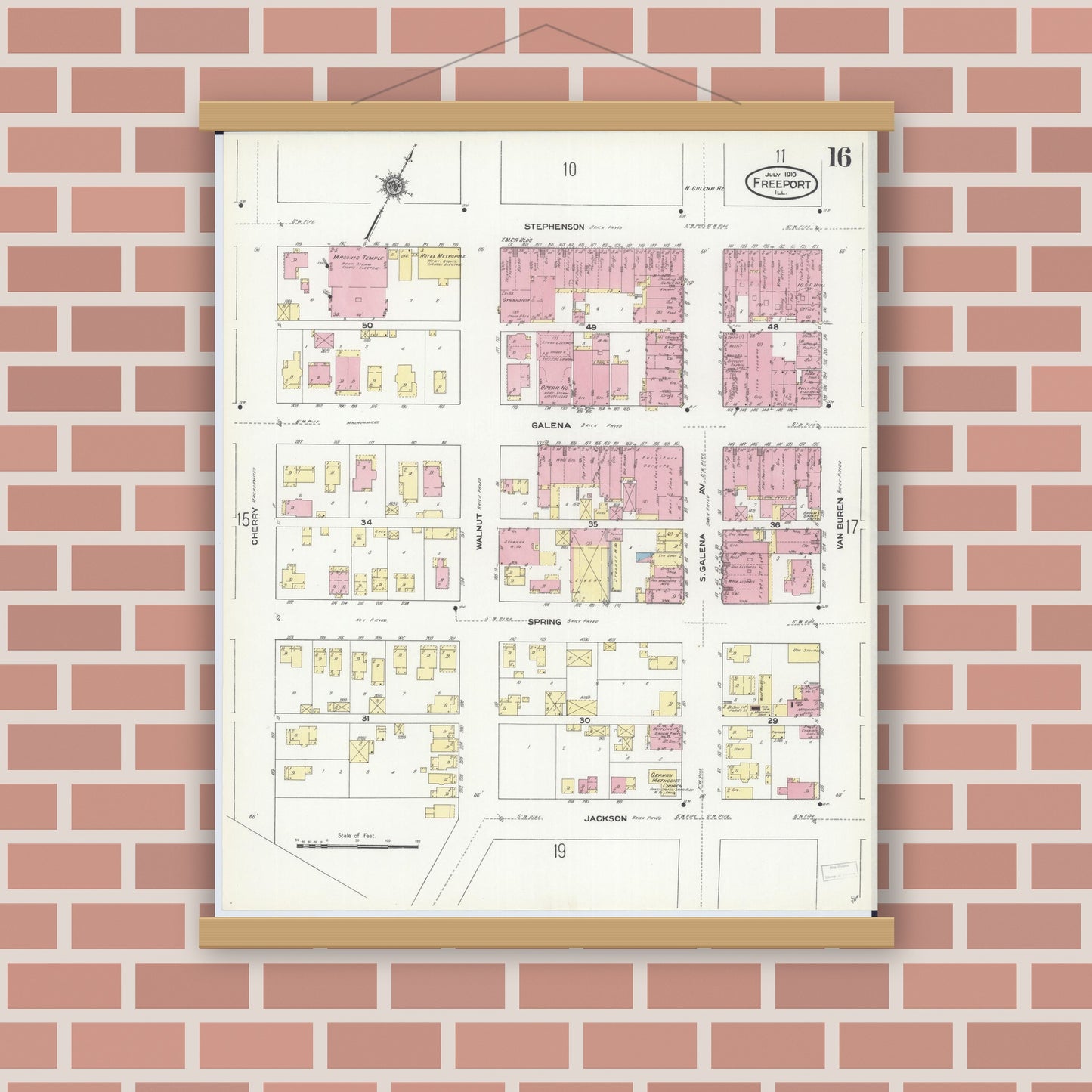 Old map wall art mockup — magnetic wood frame on brick wall — Sanborn Fire Insurance Map from Freeport, Stephenson County, Illinois (1910), Sheet #0016