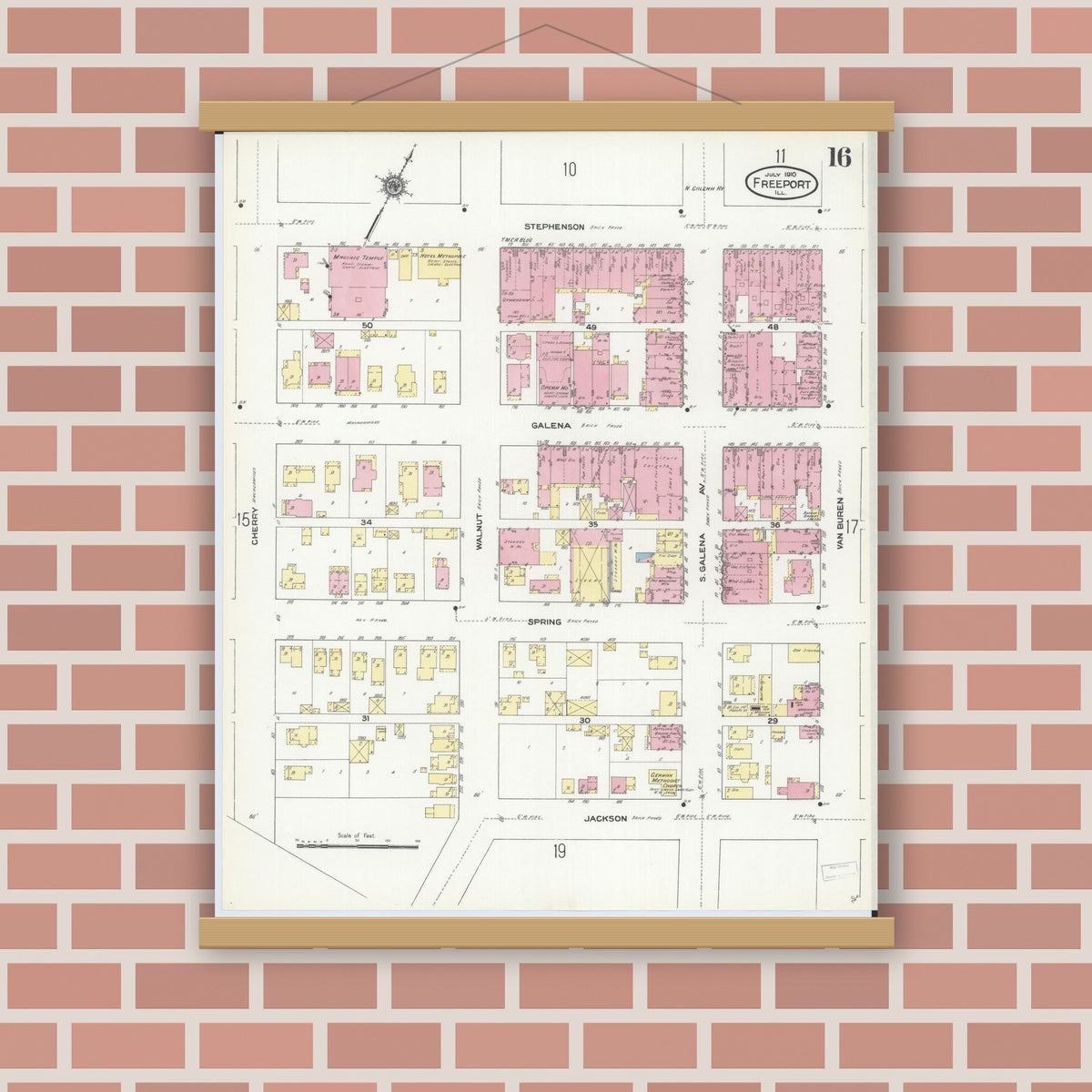 Old map wall art mockup — magnetic wood frame on brick wall — Sanborn Fire Insurance Map from Freeport, Stephenson County, Illinois (1910), Sheet #0016