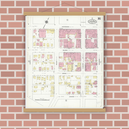 Old map wall art mockup — magnetic wood frame on brick wall — Sanborn Fire Insurance Map from Freeport, Stephenson County, Illinois (1910), Sheet #0016
