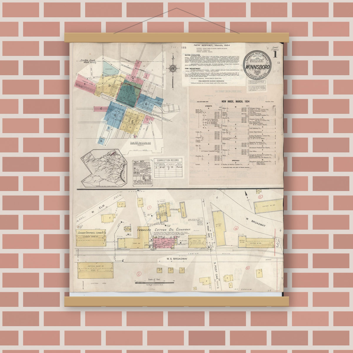 Old map wall art mockup — magnetic wood frame on brick wall — Sanborn Fire Insurance Map from Winnsboro, Wood County, Texas (1943) - Complete Map Set