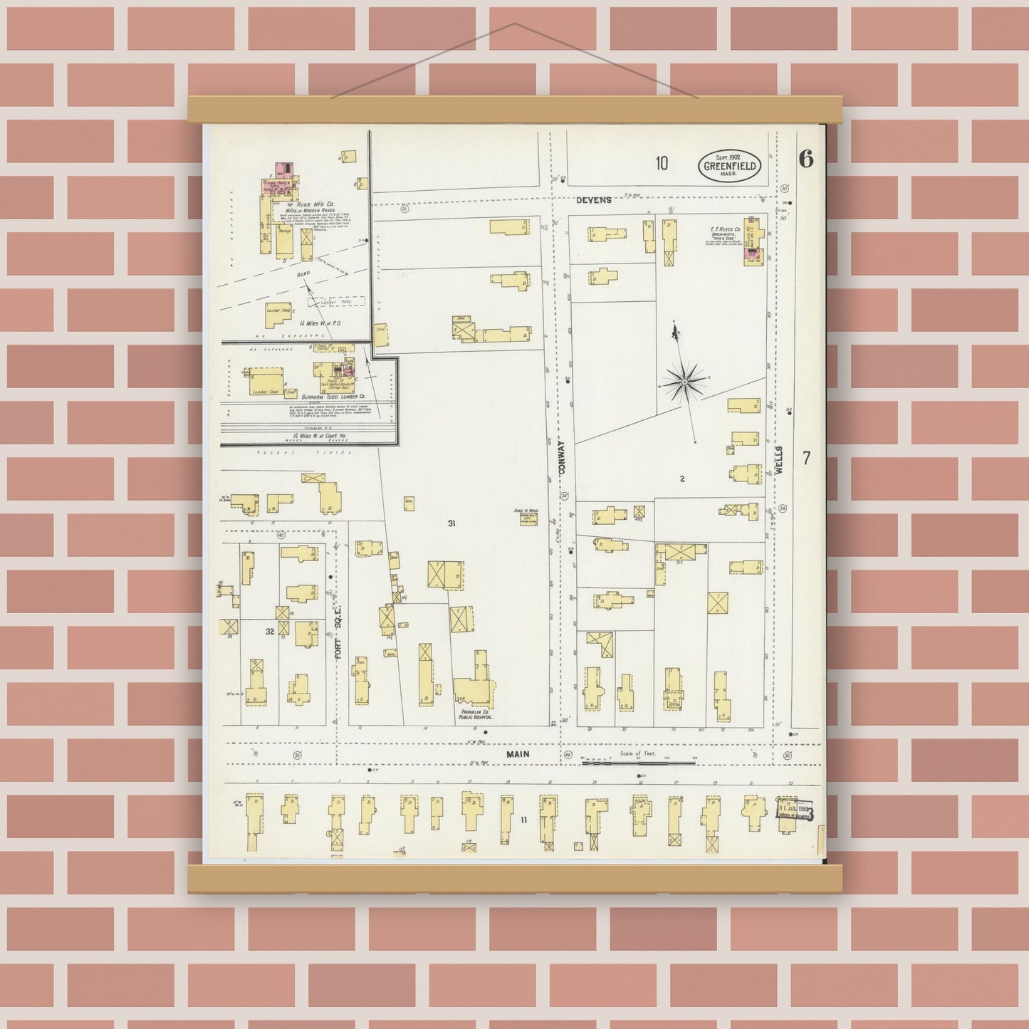 Old map wall art mockup — magnetic wood frame on brick wall — Sanborn Fire Insurance Map from Greenfield, Franklin County, Massachusetts (1902), Sheet #0006