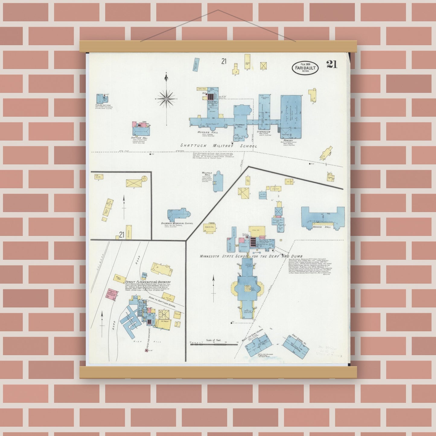 Old map wall art mockup — magnetic wood frame on brick wall — Sanborn Fire Insurance Map from Faribault, Rice County, Minnesota (1909), Sheet #0021