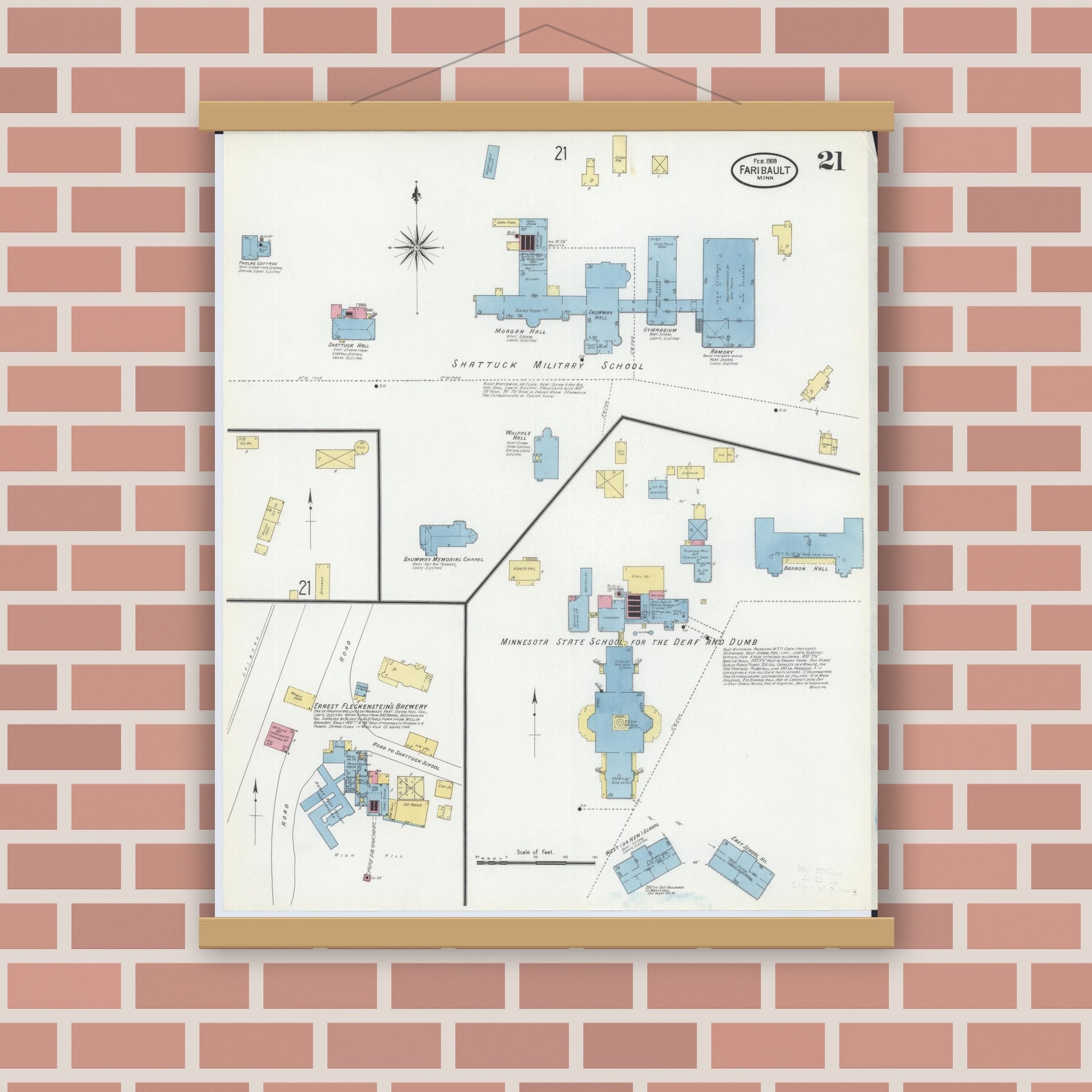 Old map wall art mockup — magnetic wood frame on brick wall — Sanborn Fire Insurance Map from Faribault, Rice County, Minnesota (1909), Sheet #0021
