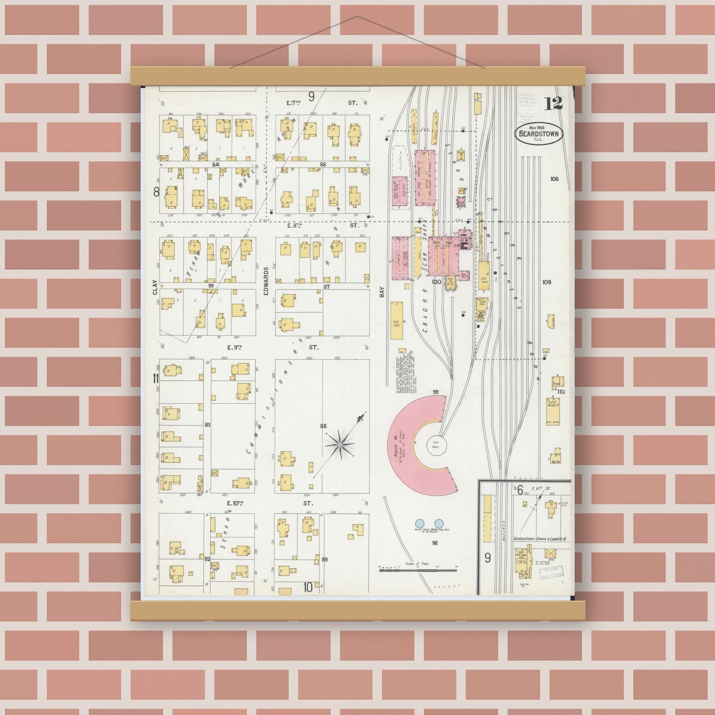 Old map wall art mockup — magnetic wood frame on brick wall — Sanborn Fire Insurance Map from Beardstown, Cass County, Illinois (1900), Sheet #0012