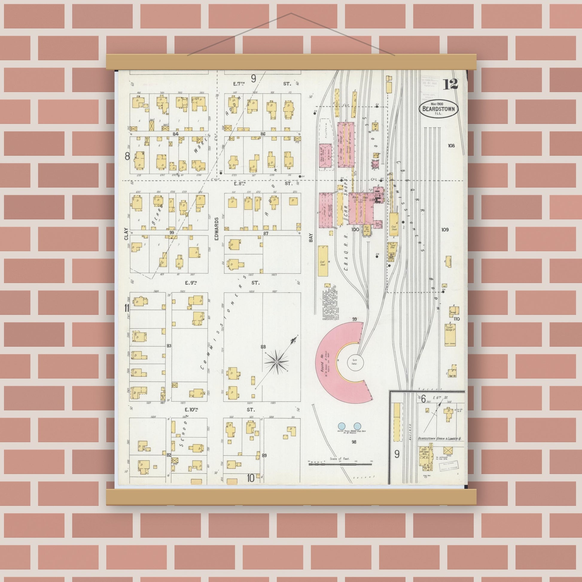 Old map wall art mockup — magnetic wood frame on brick wall — Sanborn Fire Insurance Map from Beardstown, Cass County, Illinois (1900), Sheet #0012