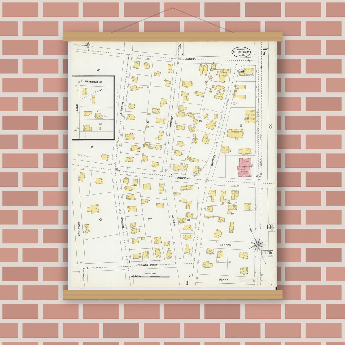 Old map wall art mockup — magnetic wood frame on brick wall — Sanborn Fire Insurance Map from Stoneham, Middlesex County, Massachusetts (1903), Sheet #0007