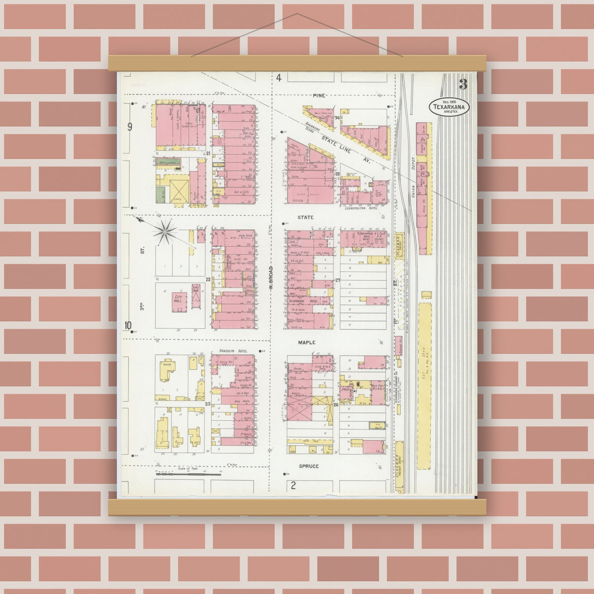 Old map wall art mockup — magnetic wood frame on brick wall — Sanborn Fire Insurance Map from Texarkana, Bowie County, Texas (1900), Sheet #0003