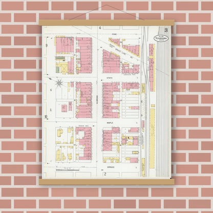 Old map wall art mockup — magnetic wood frame on brick wall — Sanborn Fire Insurance Map from Texarkana, Bowie County, Texas (1900), Sheet #0003