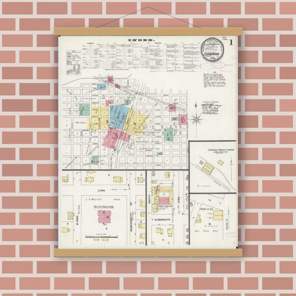 Old map wall art mockup — magnetic wood frame on brick wall — Sanborn Fire Insurance Map from Champaign, Champaign County, Illinois (1897) - Complete Map Set