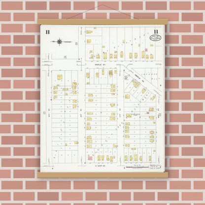 Old map wall art mockup — magnetic wood frame on brick wall — Sanborn Fire Insurance Map from Elyria, Lorain County, Ohio (1925), Sheet #0011