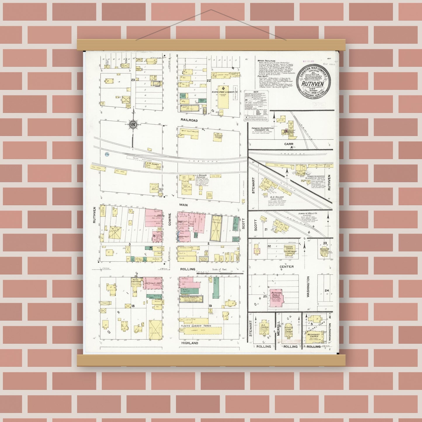 Old map wall art mockup — magnetic wood frame on brick wall — Sanborn Fire Insurance Map from Ruthven, Palo Alto County, Iowa (1909), Sheet #0001