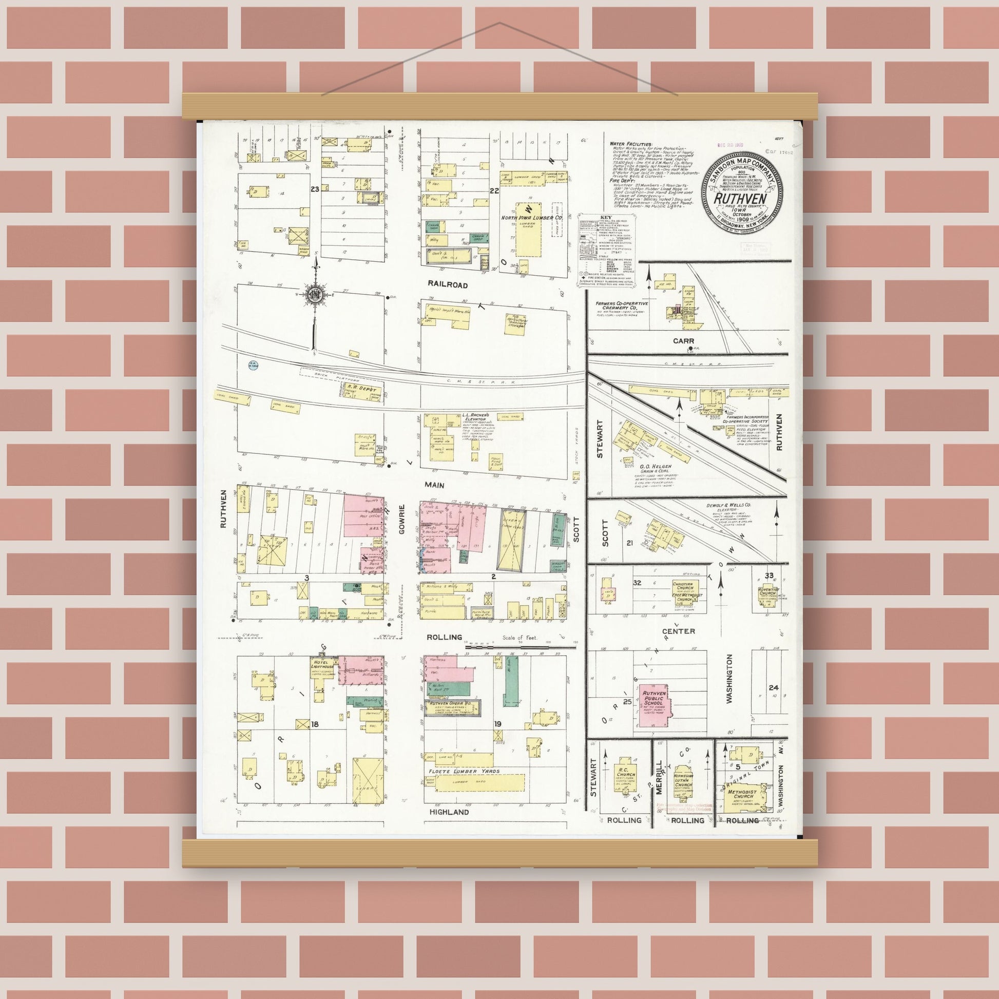 Old map wall art mockup — magnetic wood frame on brick wall — Sanborn Fire Insurance Map from Ruthven, Palo Alto County, Iowa (1909), Sheet #0001