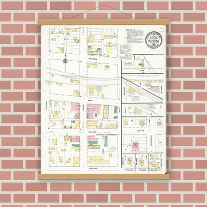 Old map wall art mockup — magnetic wood frame on brick wall — Sanborn Fire Insurance Map from Ruthven, Palo Alto County, Iowa (1909), Sheet #0001