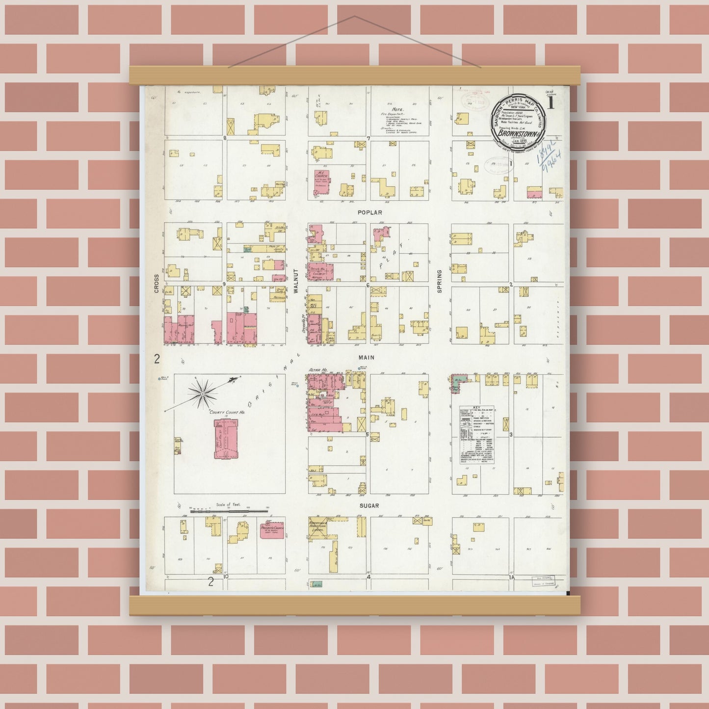 Old map wall art mockup — magnetic wood frame on brick wall — Sanborn Fire Insurance Map from Brownstown, Jackson County, Indiana (1899) - Complete Map Set