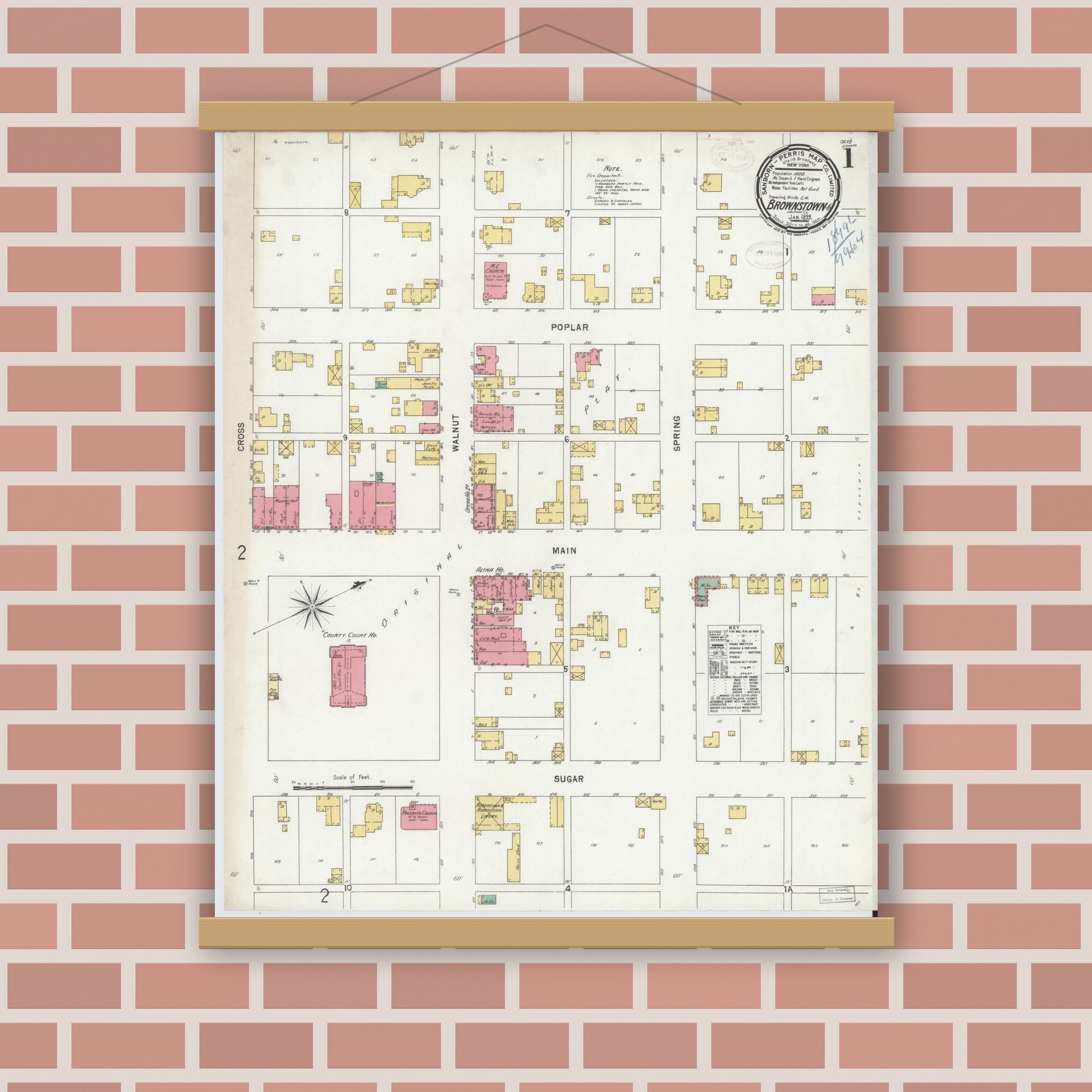 Old map wall art mockup — magnetic wood frame on brick wall — Sanborn Fire Insurance Map from Brownstown, Jackson County, Indiana (1899) - Complete Map Set