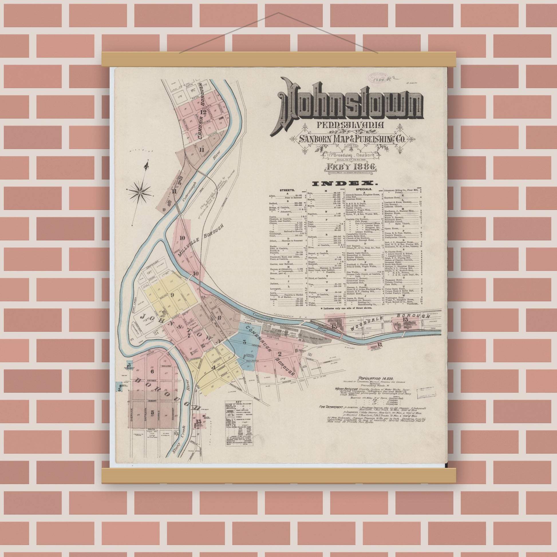 Old map wall art mockup — magnetic wood frame on brick wall — Sanborn Fire Insurance Map from Johnstown, Cambria County, Pennsylvania (1886) - Complete Map Set