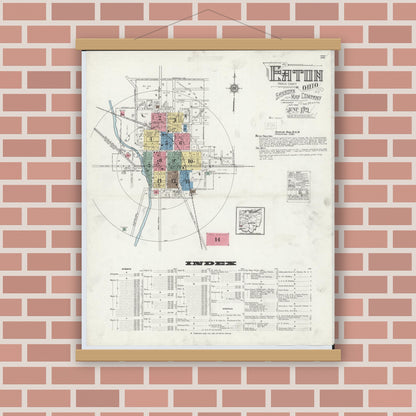 Old map wall art mockup — magnetic wood frame on brick wall — Sanborn Fire Insurance Map from Eaton, Preble County, Ohio (1921) - Complete Map Set