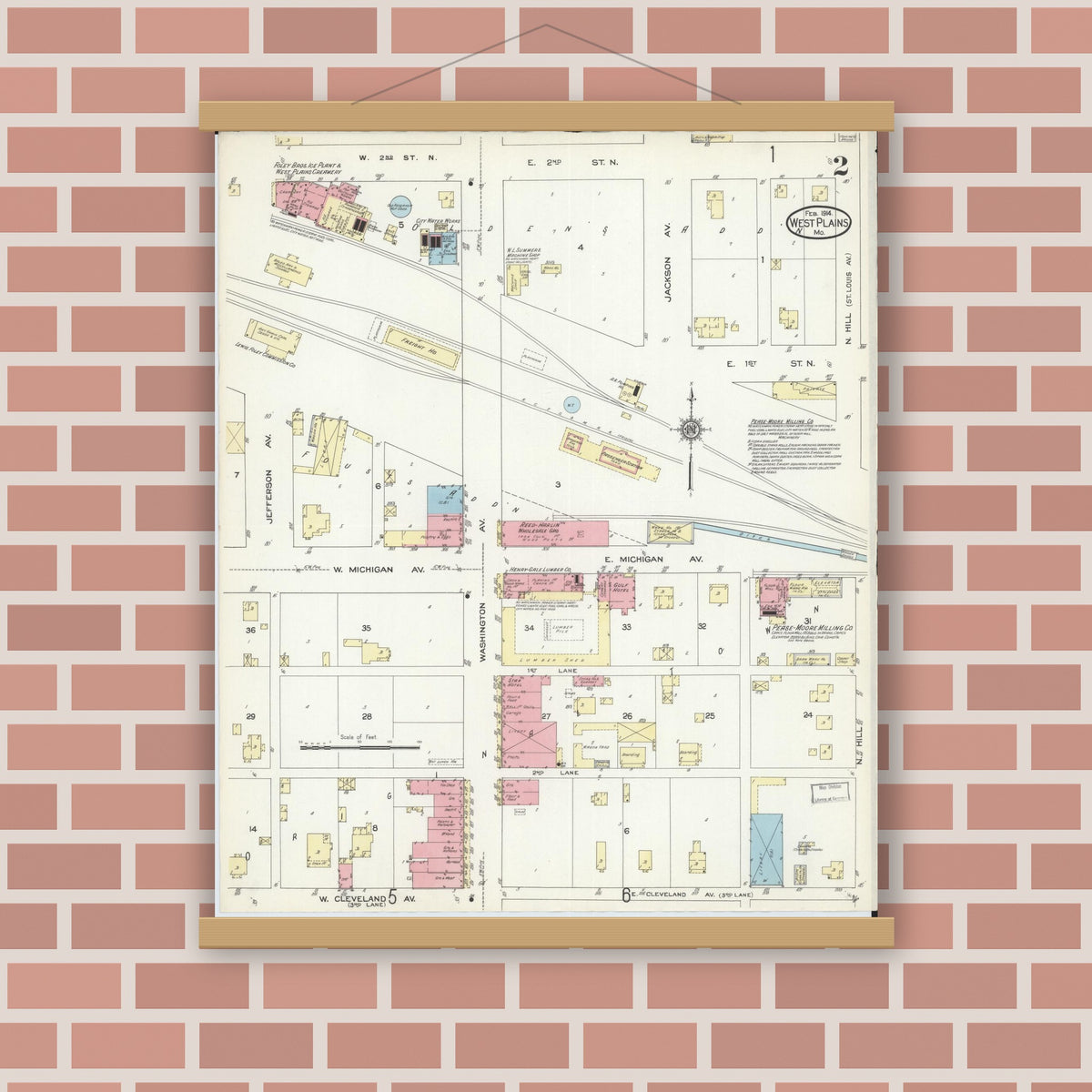 Old map wall art mockup — magnetic wood frame on brick wall — Sanborn Fire Insurance Map from West Plains, Howell County, Missouri (1914), Sheet #0002