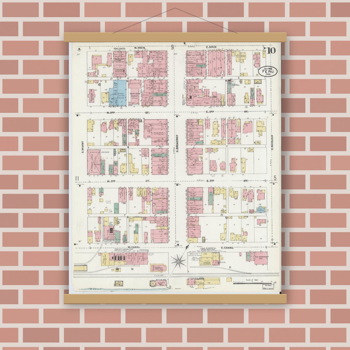 Old map wall art mockup — magnetic wood frame on brick wall — Sanborn Fire Insurance Map from Peru, Miami County, Indiana (1906), Sheet #0010