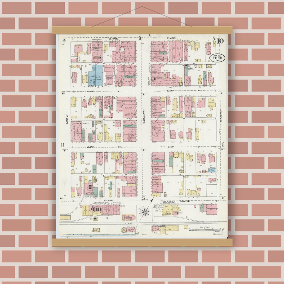 Old map wall art mockup — magnetic wood frame on brick wall — Sanborn Fire Insurance Map from Peru, Miami County, Indiana (1906), Sheet #0010