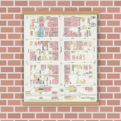 Old map wall art mockup — magnetic wood frame on brick wall — Sanborn Fire Insurance Map from Peru, Miami County, Indiana (1906), Sheet #0010