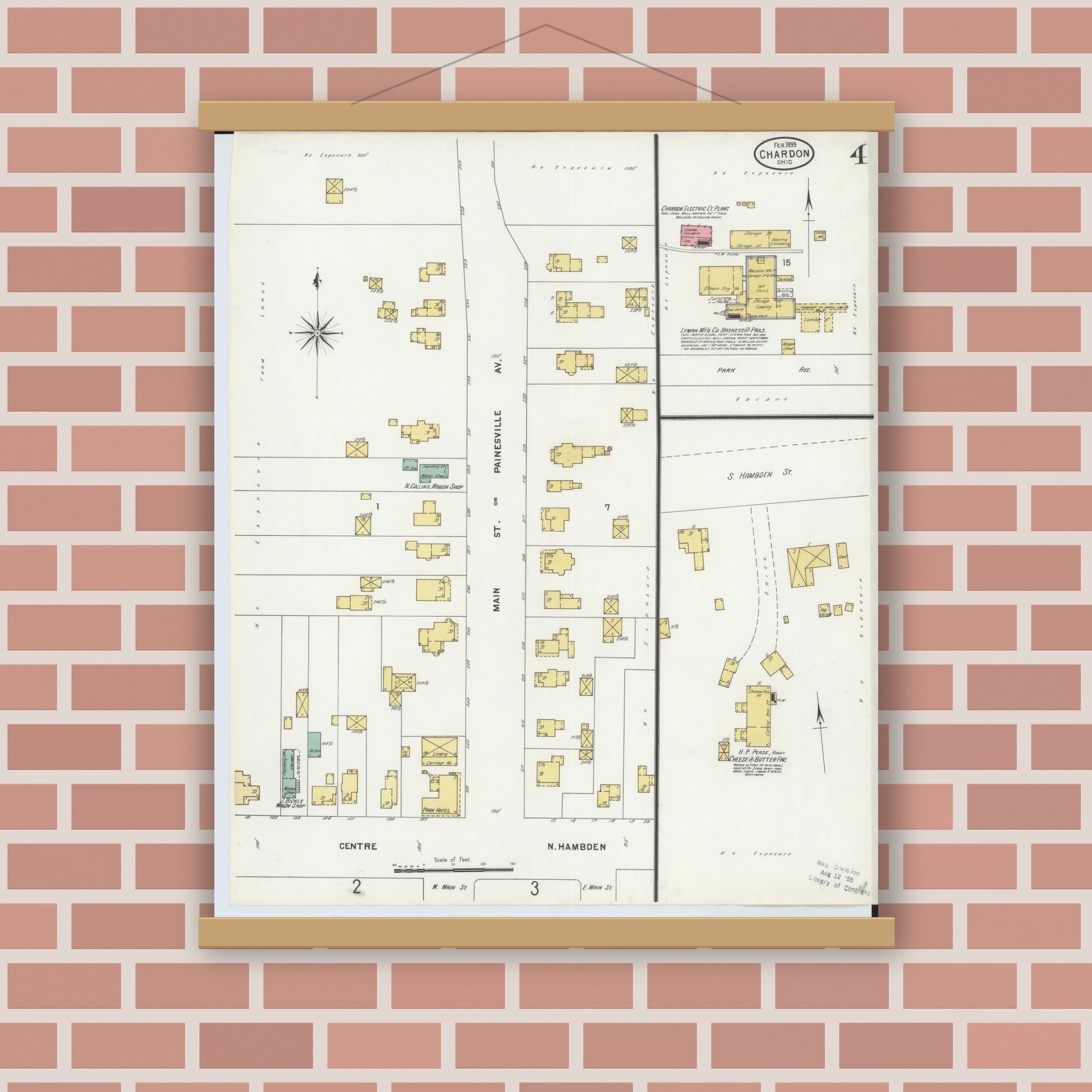 Old map wall art mockup — magnetic wood frame on brick wall — Sanborn Fire Insurance Map from Chardon, Geauga County, Ohio (1899), Sheet #0004
