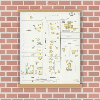Old map wall art mockup — magnetic wood frame on brick wall — Sanborn Fire Insurance Map from Chardon, Geauga County, Ohio (1899), Sheet #0004