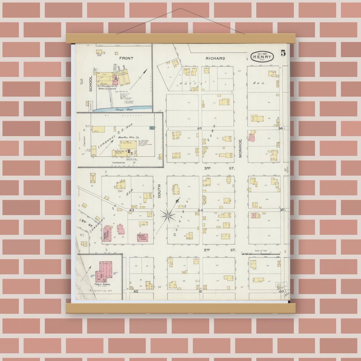 Old map wall art mockup — magnetic wood frame on brick wall — Sanborn Fire Insurance Map from Henry, Marshall County, Illinois (1893), Sheet #0005
