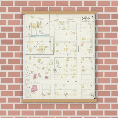 Old map wall art mockup — magnetic wood frame on brick wall — Sanborn Fire Insurance Map from Henry, Marshall County, Illinois (1893), Sheet #0005