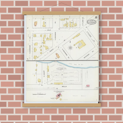 Old map wall art mockup — magnetic wood frame on brick wall — Sanborn Fire Insurance Map from Escanaba, Delta County, Michigan (1893), Sheet #0008
