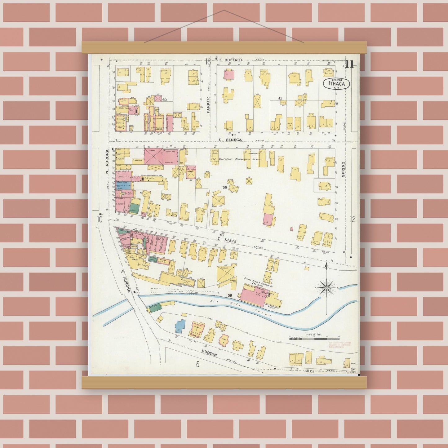 Old map wall art mockup — magnetic wood frame on brick wall — Sanborn Fire Insurance Map from Ithaca, Tompkins County, New York (1904), Sheet #0011