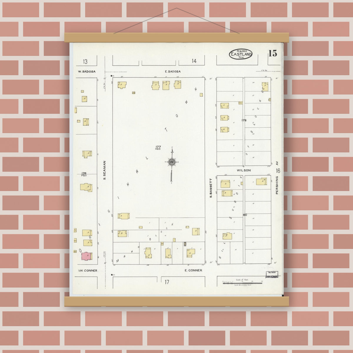 Old map wall art mockup — magnetic wood frame on brick wall — Sanborn Fire Insurance Map from Eastland, Eastland County, Texas (1920), Sheet #0015