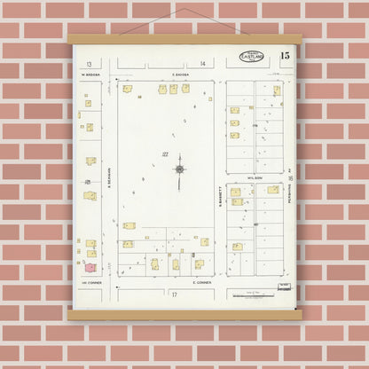 Old map wall art mockup — magnetic wood frame on brick wall — Sanborn Fire Insurance Map from Eastland, Eastland County, Texas (1920), Sheet #0015